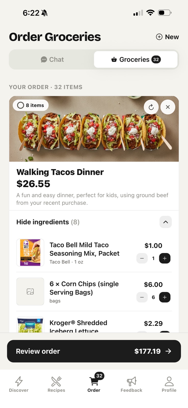 A Growshi meal card expanded to show real products and prices