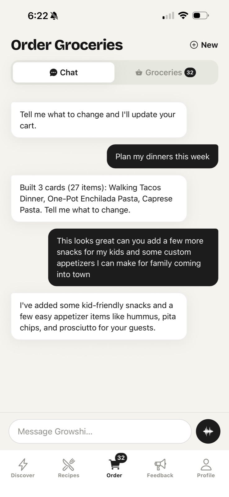 Chatting with Growshi to plan the week's meals