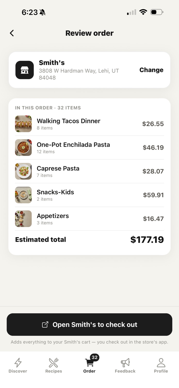 Reviewing a Growshi order with an estimated total and checkout hand-off to Smith's