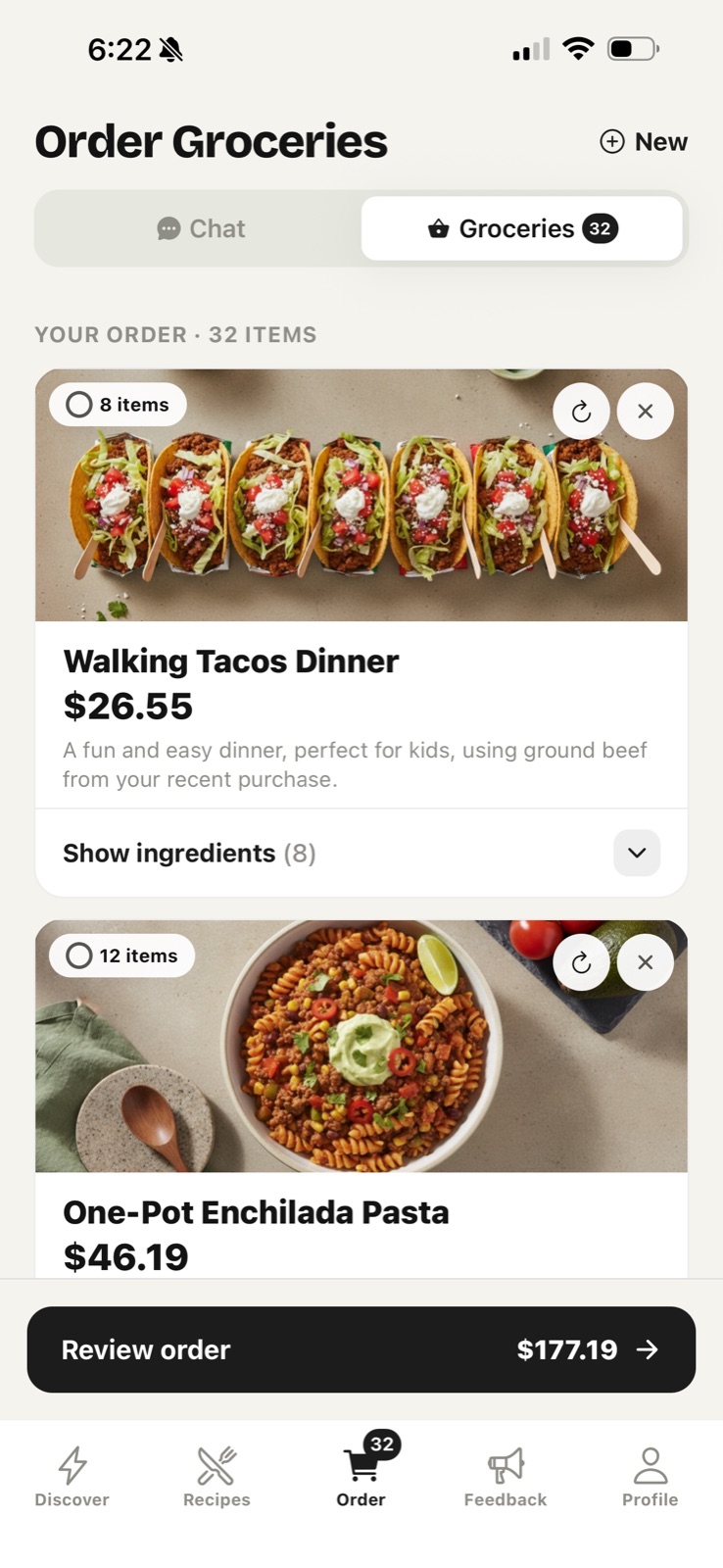Growshi order screen with meal cards and real grocery prices